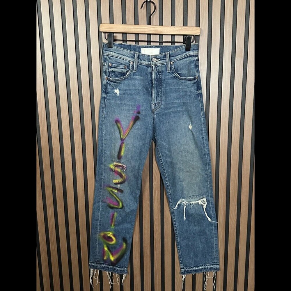 Mother Jeans 25 Tomcat Undone Hem Blue Spray Painted High Rise Frayed *CUSTOM*
